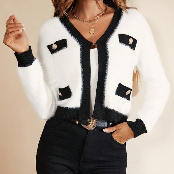 . Sweaters - Black & White Preppy Womens Contrast Trim Fluffy Knit Cardigan